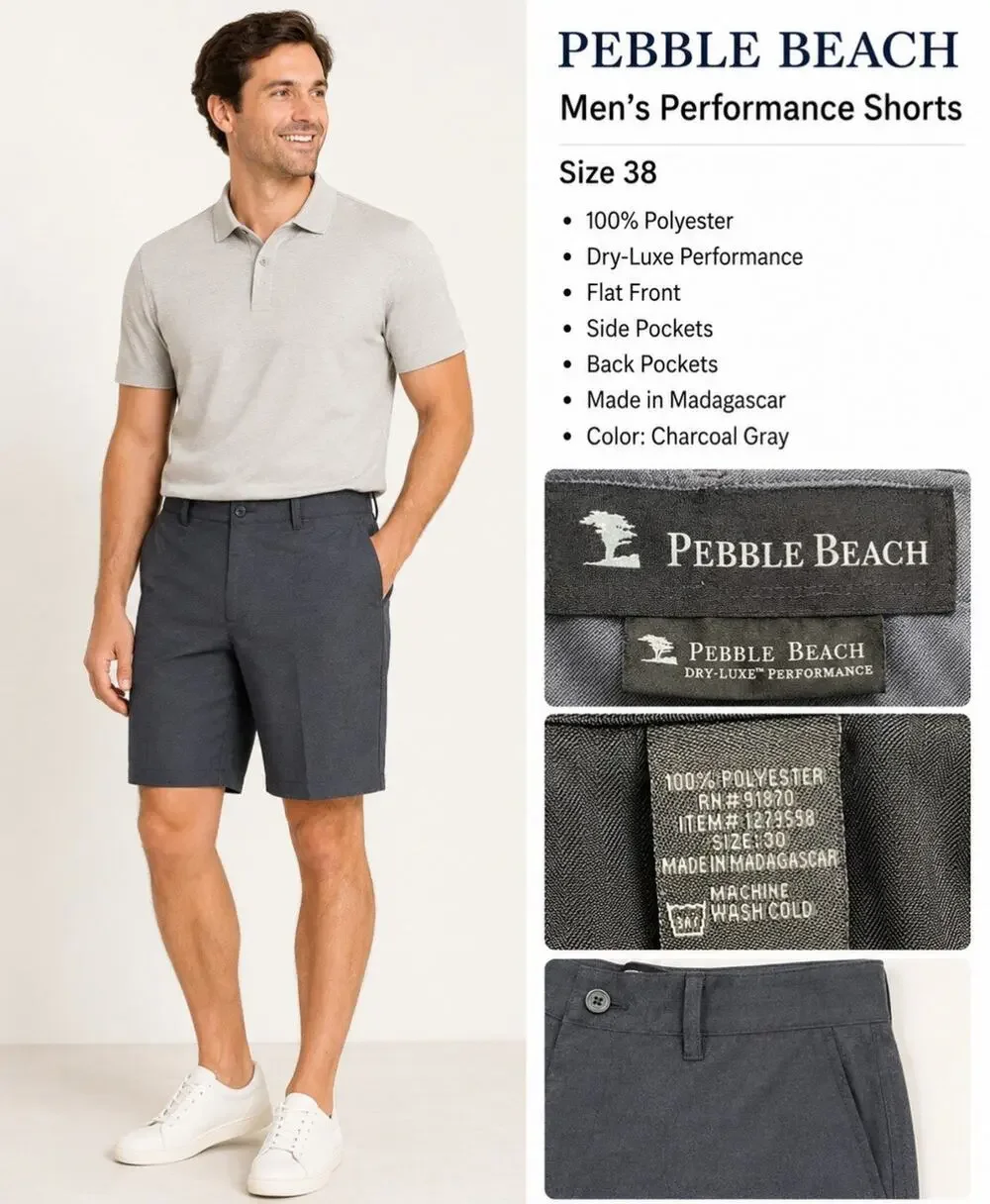 Pebble Beach Men's Flat Front Performance Shorts Size 30 Charcoal Gray Golf